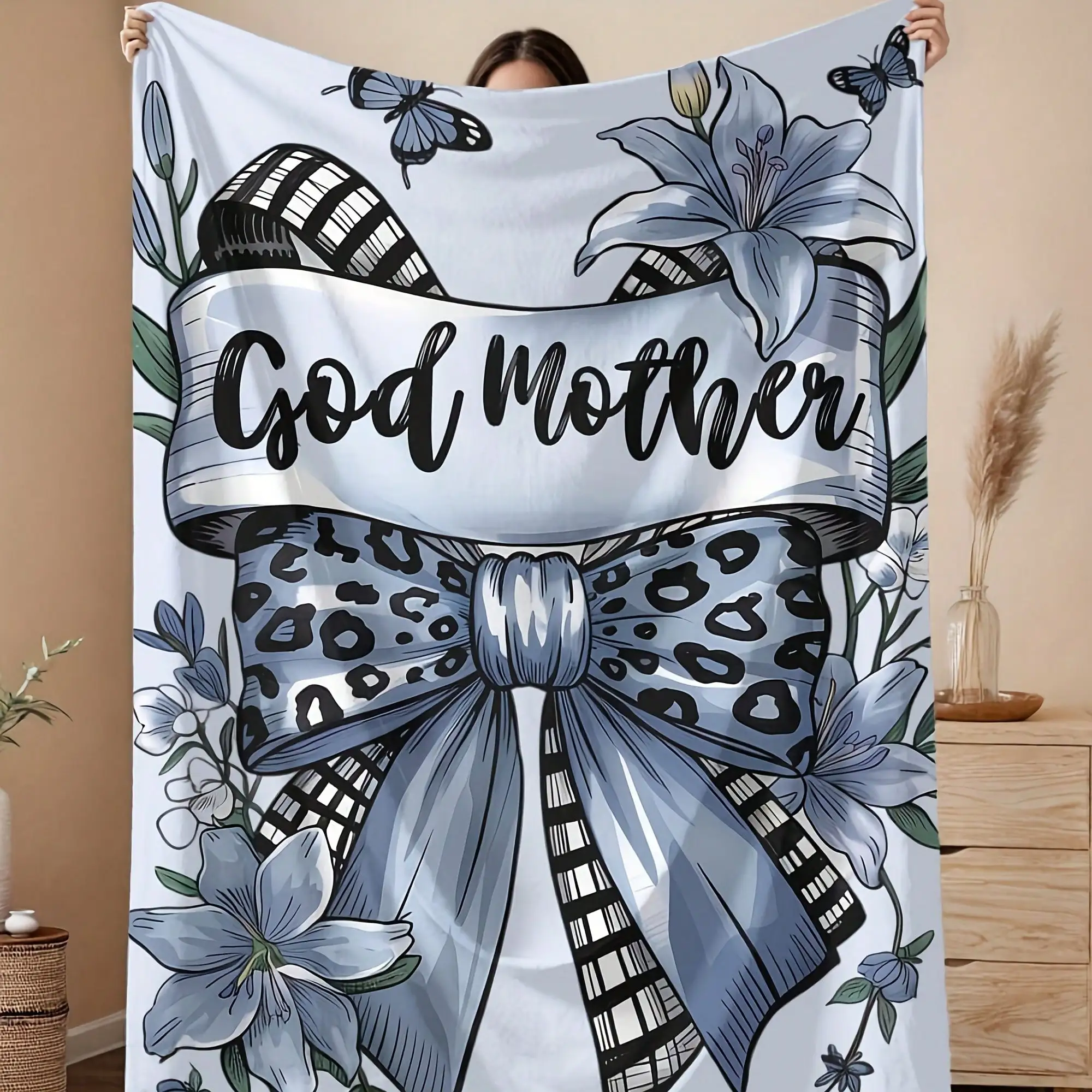 

Godmother Gift Blanket, Godmother Tow Blanket, Blue Floral Cistian Blanket, Bapti Gift Idea, Religious Tow Blanket, Godparent P