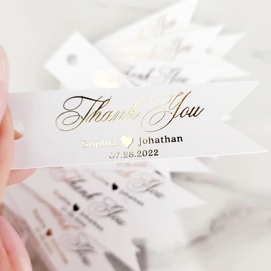 50pcs Custom Wedding Tags - Gold Foiled Thank you Tags, Hang Tags Personalized, Wedding Favor Tags, Bridal Shower Tag