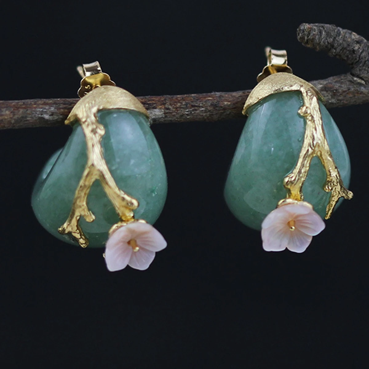 KQDANCE Promotion Sale Vingate Solid 925 Silver Pink Green Jade Flower Earrings Fine Jewelry For Women