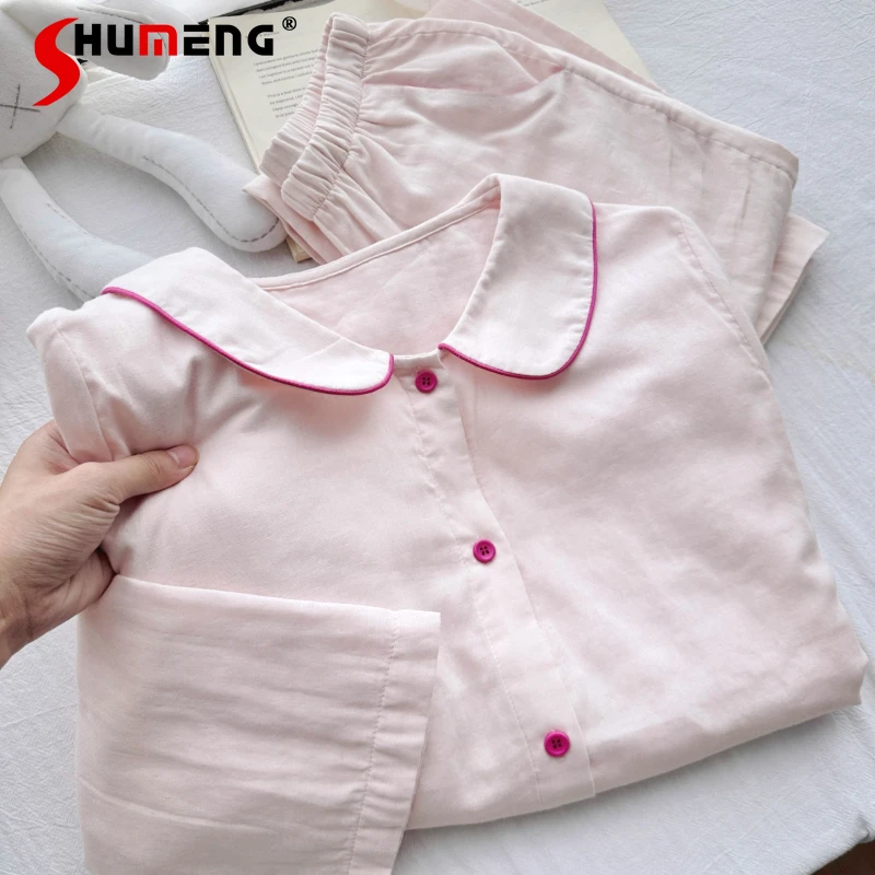 بيجامة من القطن الخالص بياقة الدمية الوردية للنساء لربيع وخريف ملابس منزلية جديدة طقم مكون من قطعتين من القطن بنمط ياباني 100%