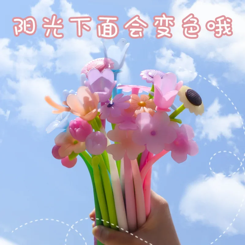 

30 шт., креативная мягкая силиконовая ручка, меняющая цвет, сетчатый красный цветок девушки, ручка с черными чернилами, маленькая свежая студенческая ручка-роллер