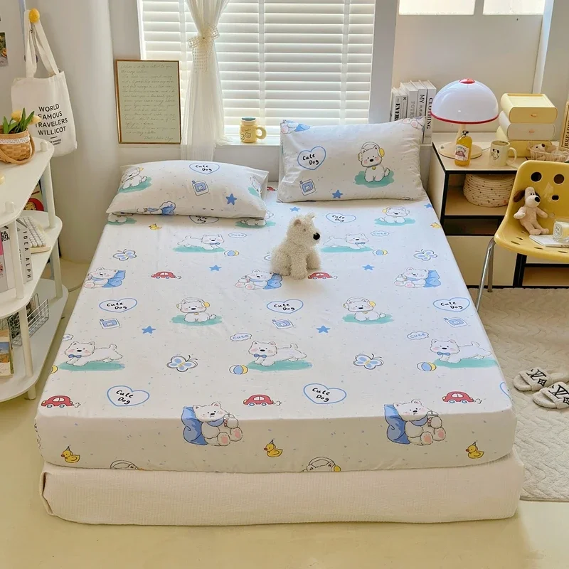 3pcs Cotton Cute Dog Fitted Sheet Set, Cartoon Car Pattern Children Bedroom Bed Cover, Star Print Bedspread with 2 Pillowcases