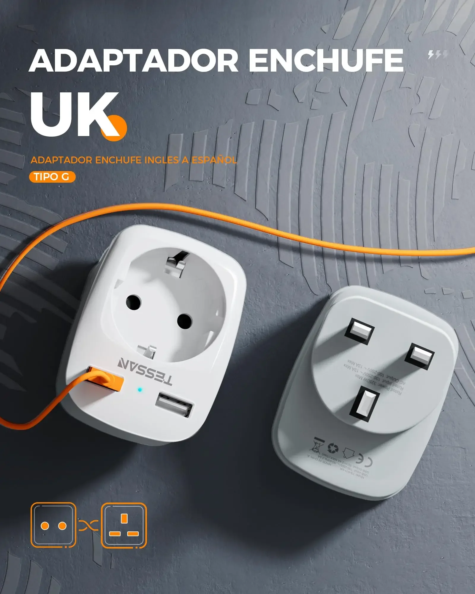 TESSAN EU Euro European to UK Travel Adapter Portable Wall Socket with 1 Outlet & 2 USB Ports Type G Plug England Adapter Socket