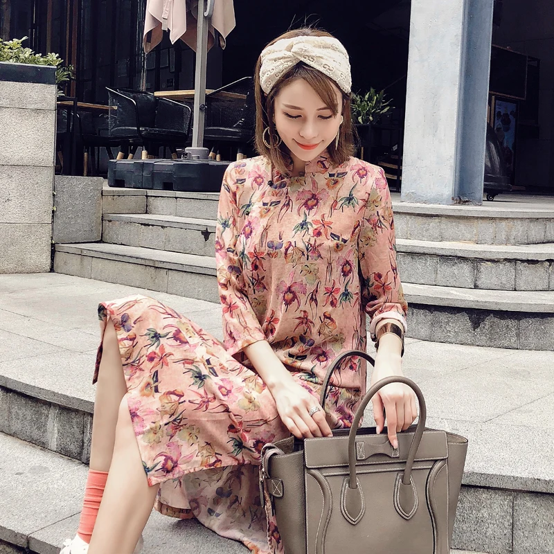 

Ретро-платье А-силуэта с принтом и воротником-стойкой, длинное, с высоким разрезом, рукав 3/4, для повседневной носки, коллекция ранняя осень 2026