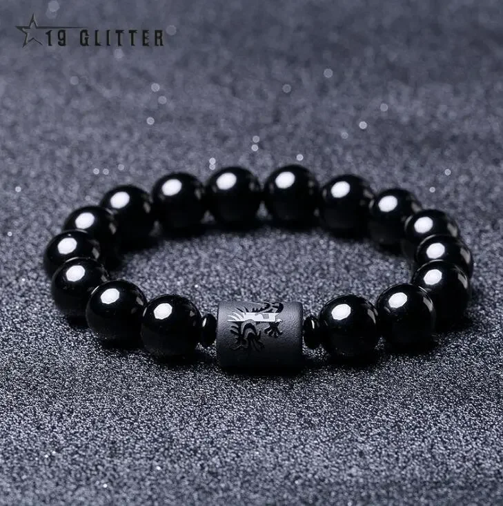 10MM Natural Black Obsidian Carved Buddha Lucky Amulet Round Beads Strand Bracelet For Women Men Jewelry