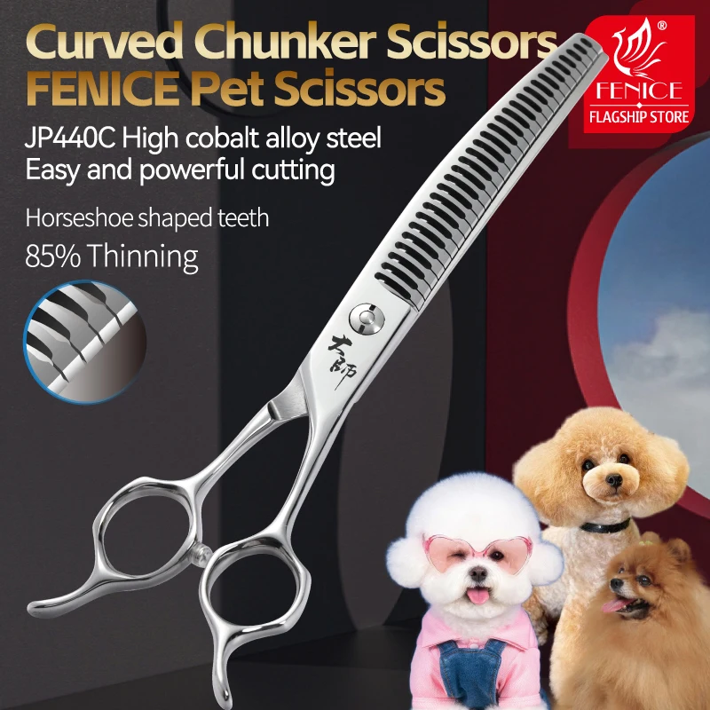 

Fenice 7/7.5 Inch JP 440C High Quality Professional Dog Grooming Scissors Curved Chunker Trimming Dog Beauty Shears for Pet