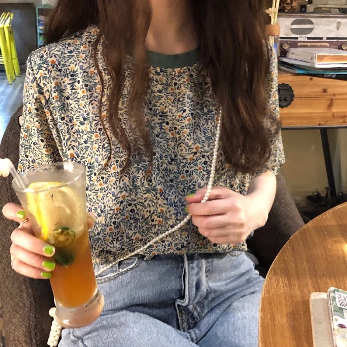 Damen Vintage Bluse mit Blumenmuster, Kurzarm, Lässiges Grünes Patchwork-Sommer-Oberteil – Detail 3