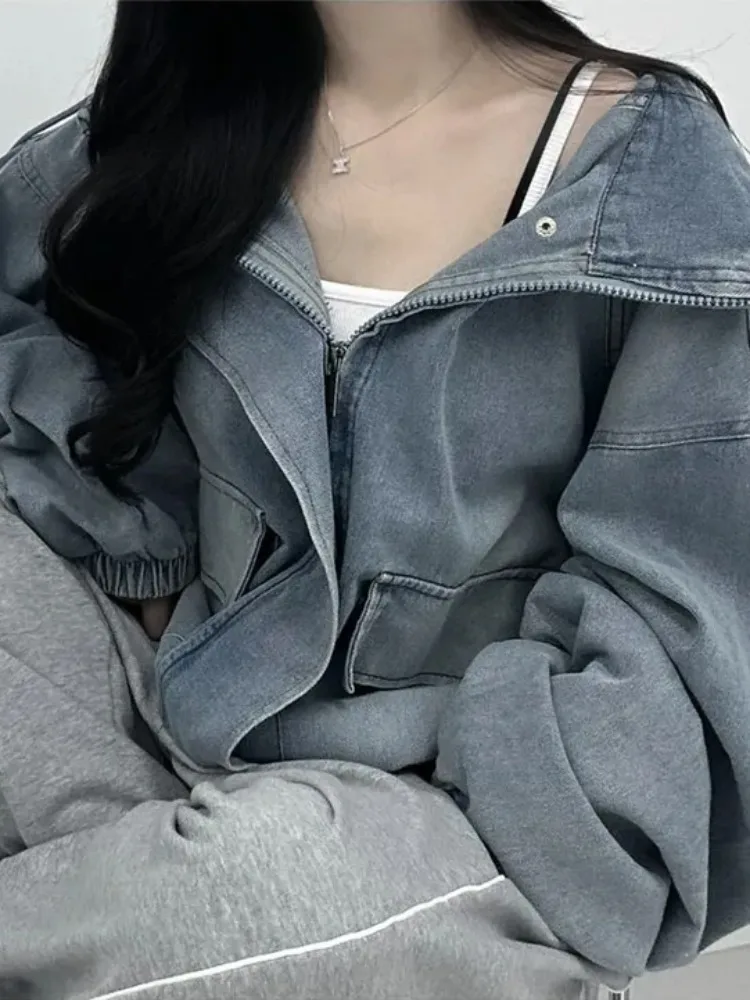 

Женская джинсовая куртка в стиле ретро с двойными карманами, капюшоном, подкладкой из флиса, свободного кроя, утепленная, для осени и зимы