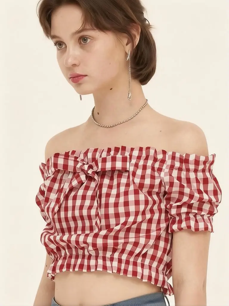 

Винтажная женская блузка с бантом, открытыми плечами, укороченная, с рюшами, в клетку, с короткими рукавами-фонариками, летняя, повседневная