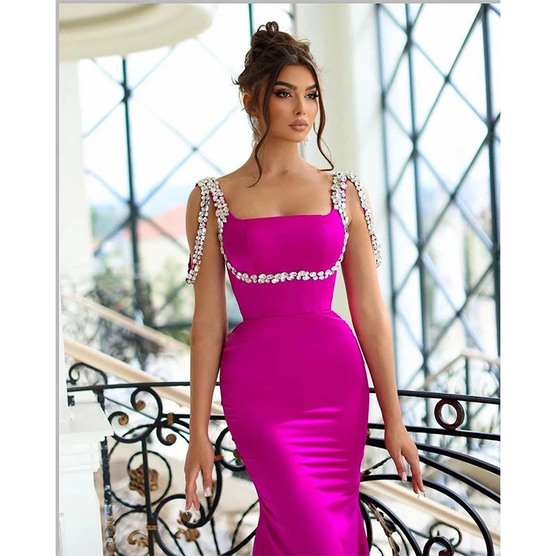 Sexy Mermaid Bodycon Crystal Prom Dresses For Woman Fashion Sleeveless Elegant Suspenders Square Neck Formal Evening Party Gowns