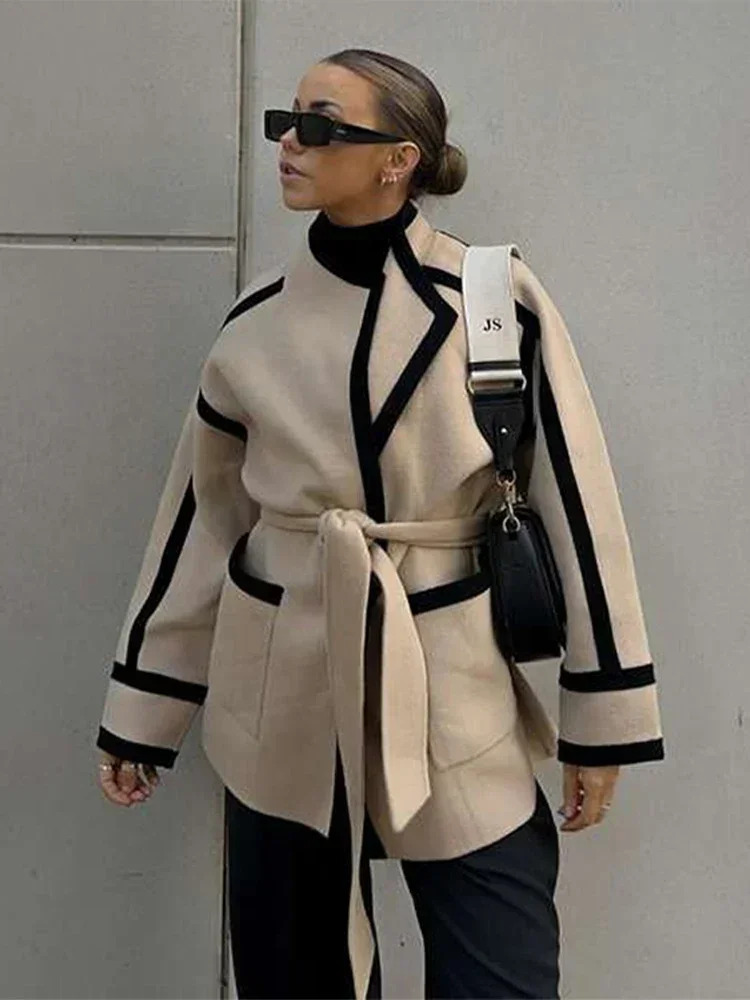 Veste épaisse à manches longues avec ceinture pour femme, manteau à lacets, patchwork, chaud, chic, rue, mode, automne, hiver, 2024