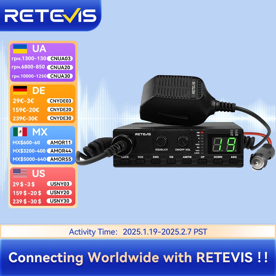 Retevis MB62 Mobile Car CB Radio Communicator AM/FM 27MHz Handheld CB Radio Instant Channel 9/19 Long Range Radios for Truckers