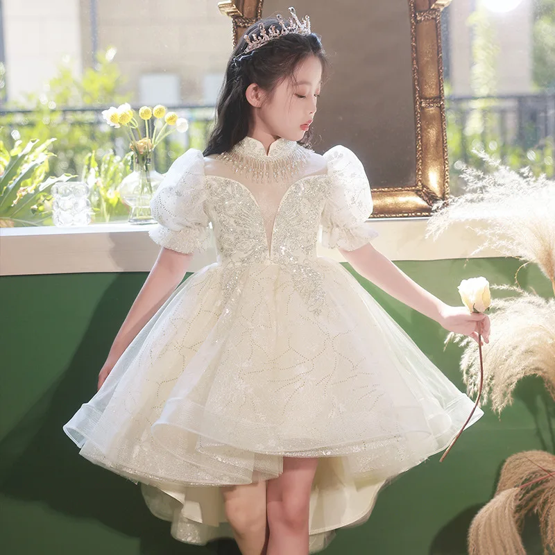 Little Girls Birthday Party Gown High Low Tutu Princess Dress Kids Puffy Long Sleeve Communion Dress School Graduation Dresses