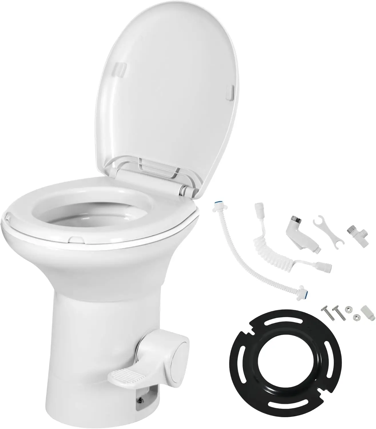 RV Toilet with Enamel Bowl,Plastic Toilet Body,Toilet High Profile with Hand Sprayer and Flange for Motorhome Caravan Car Travel