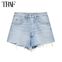 TRAF 2024 Denim Shorts for Women High Waist Jeans Shorts Woman Blue Frayed Short Pants Woman Summer Cargo Mini Women's Shorts