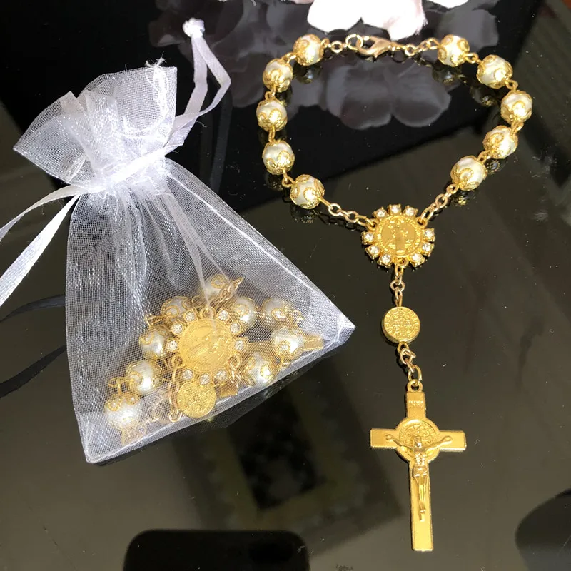 10 Christening Rosary Gold Off White Pearls With white Bags Baptized Gold Rosary Guests Thank you favors