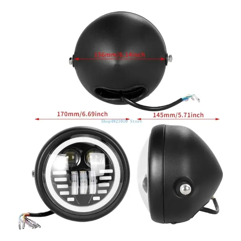 T3LF 7 in Round Headlight for Motorcycles, LED Front Light Assembly with Clear Lens, 12V Wiring and Side Mounts