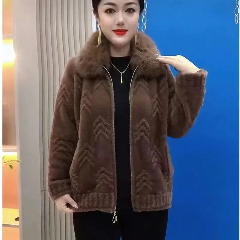 

Autumn And Winter New Imitation Mink Fur Jacket Women Fashion Add Velvet Thick Woolen Coat Middle-Aged Mom Loose Iuterwear W573