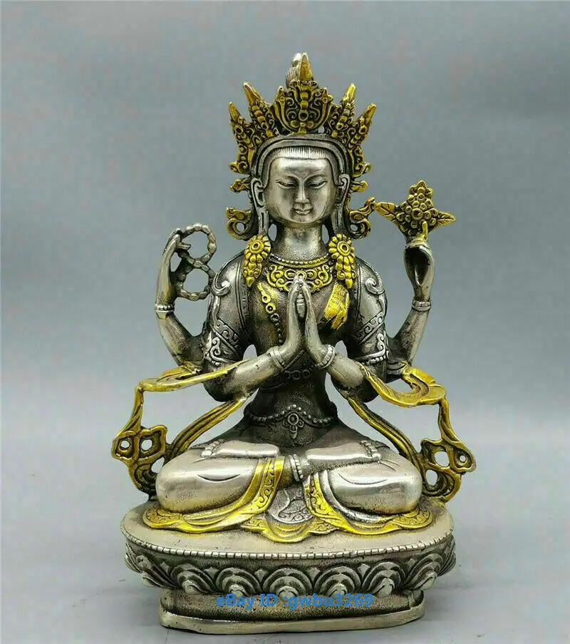 Tibet silver \ Guanyin Four-armed Bodhisattva old Tibet Buddhism Buddha Statues