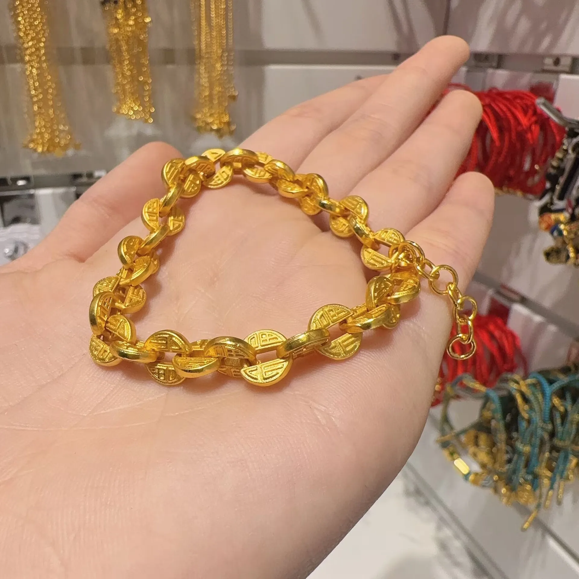 

Plated With Real Gold Color Preservation Sand Gold Family Fortune Prosperous Luck Solid Couples Lucky Coins Bracelet Girls Gift