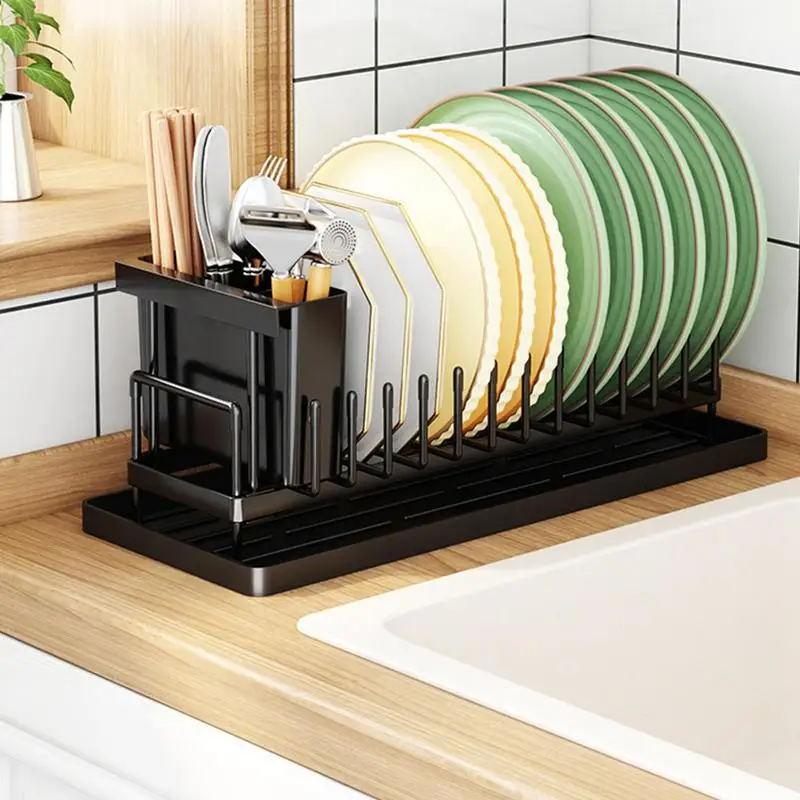 

Dish Drying Rack Rustproof Carbon Steel Dish Rack With Drainboard Chopsticks Knife Water Cup Cutlery Holder For Kitchen