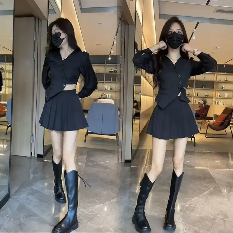 Midi Set da 2 pezzi per donna Abiti corti a maniche lunghe Nero Mini abbigliamento da ufficio Trend 2024 Co Ord Abito da donna per occasioni formali