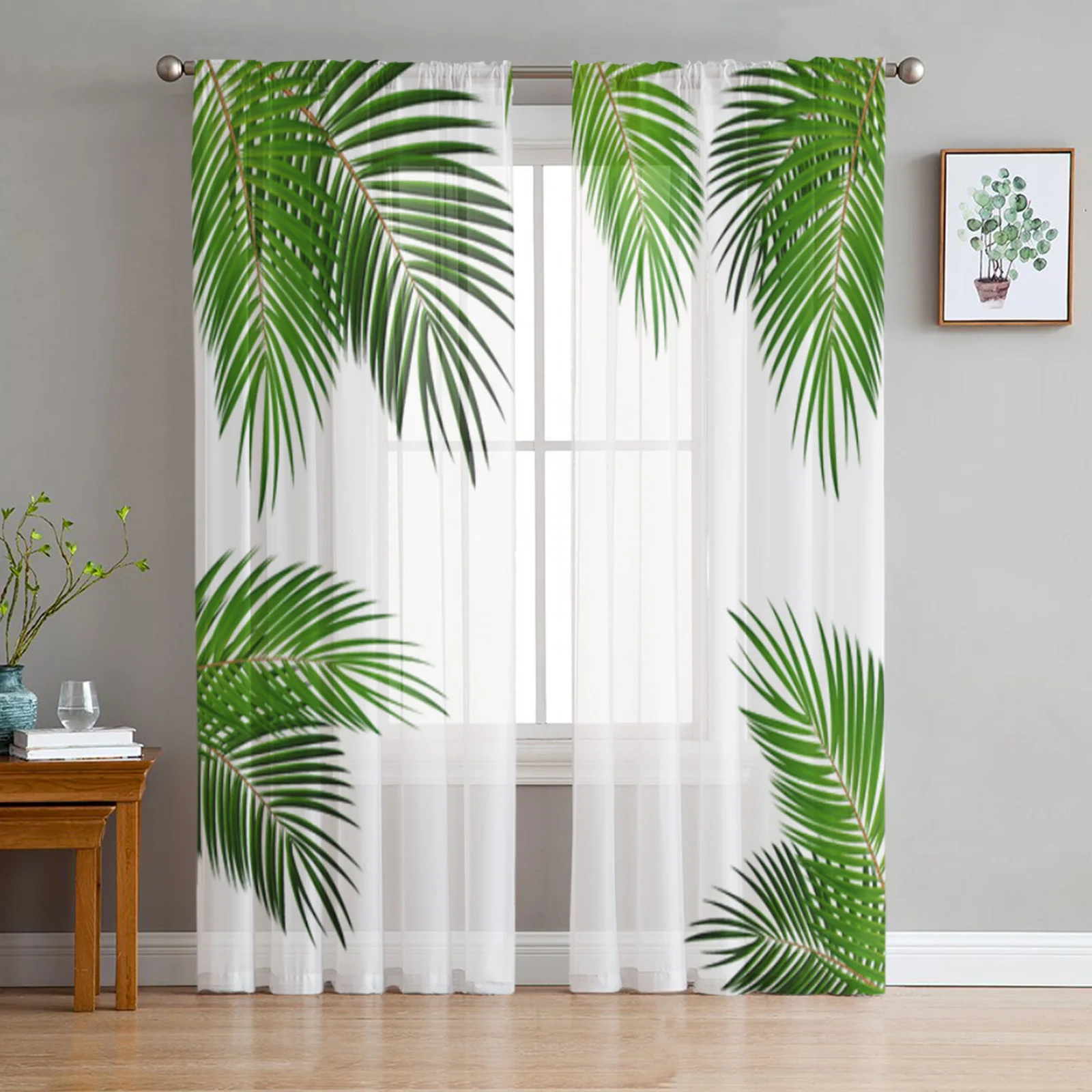 Tropical Green Plant Leaves Sheer Curtains for Living Room Bedroom Tulle Curtains Kitchen Window Treatments Panel Drapes