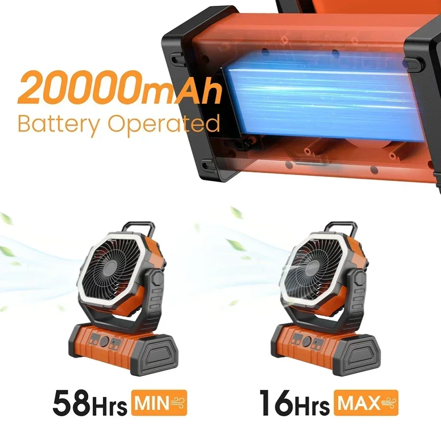 Kipas Berkemah Isi Ulang USB 20000MAh 10000MAh Baterai Kapasitas Tinggi Kipas Meja Tanpa Kabel Kipas Tenda dengan Lampu LED & Kait