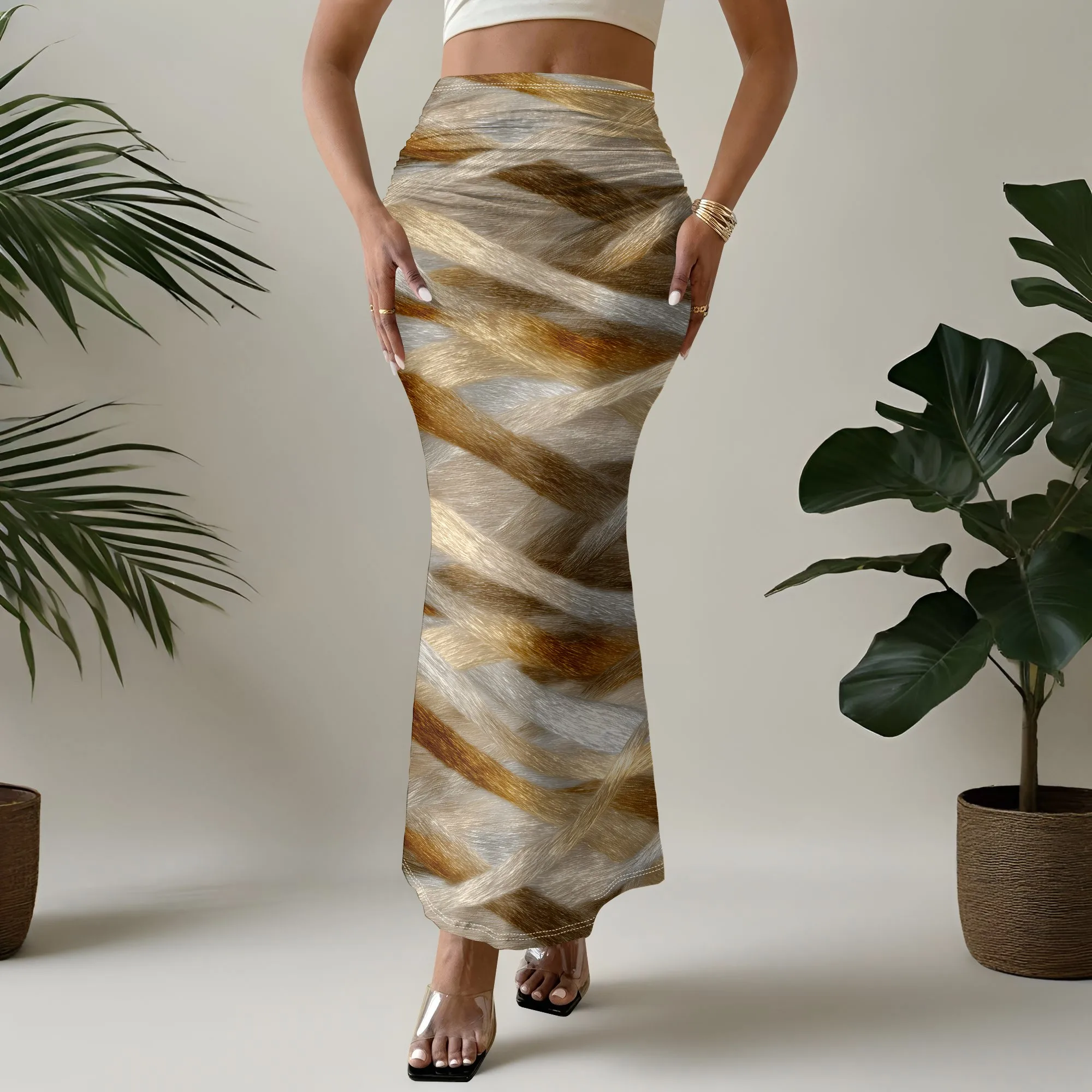 Feather Print Mermaid Skirt, Abstract Feather Design, Boho Long Skirt, Summer Beach Wear, Party Clubwear, S-2XL