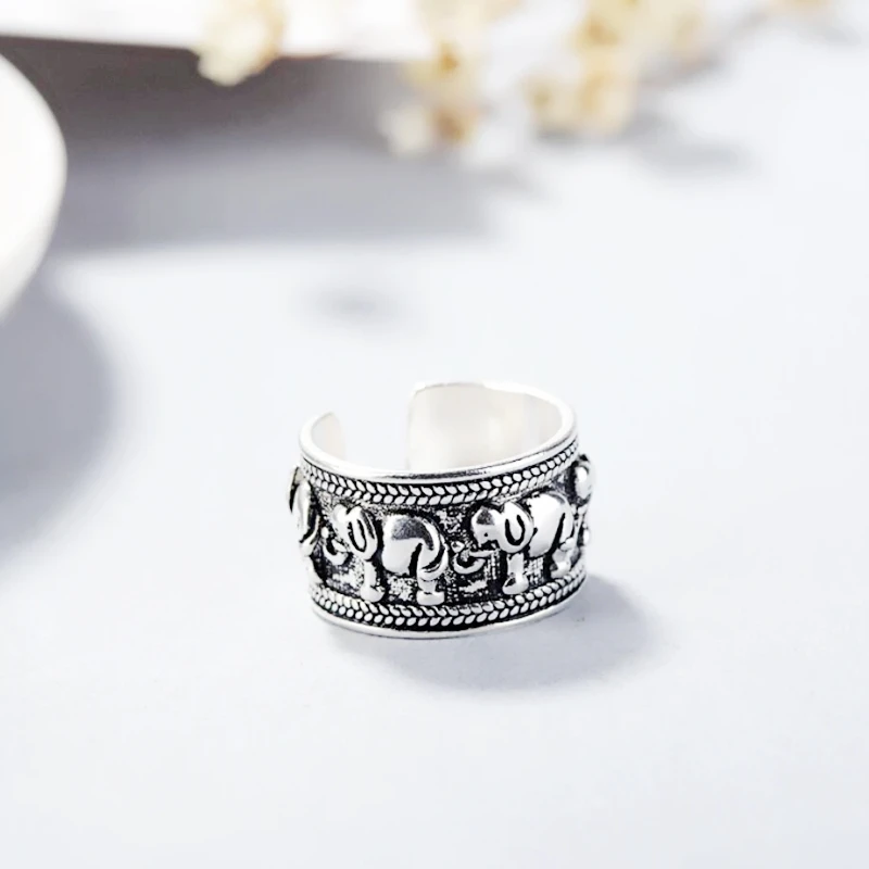 Sole Memory Retro Thai Silver Cute Elephant Wild 925 Sterling Silver Female Resizable Opening Rings RI272