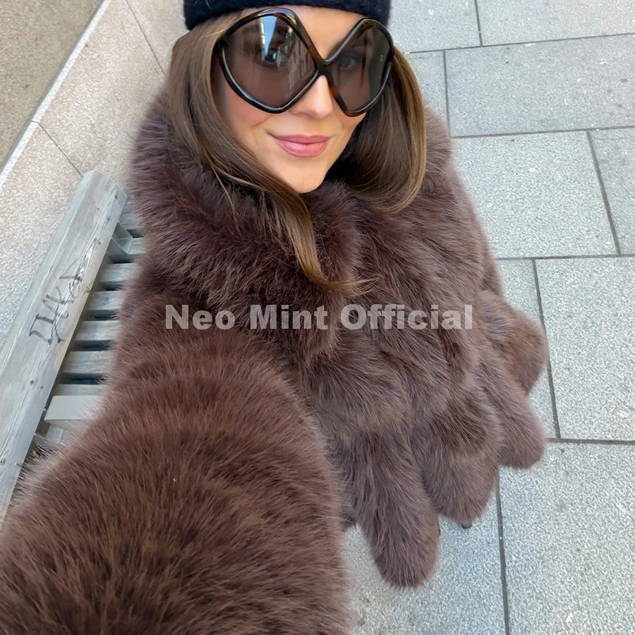 Neo Mint Trendy 2026 Winter Hot Chocolate Brown Peplum Fur Jacket Women Vintage Fashion Fluffy Faux Fox Fur Coat Long Outerwear