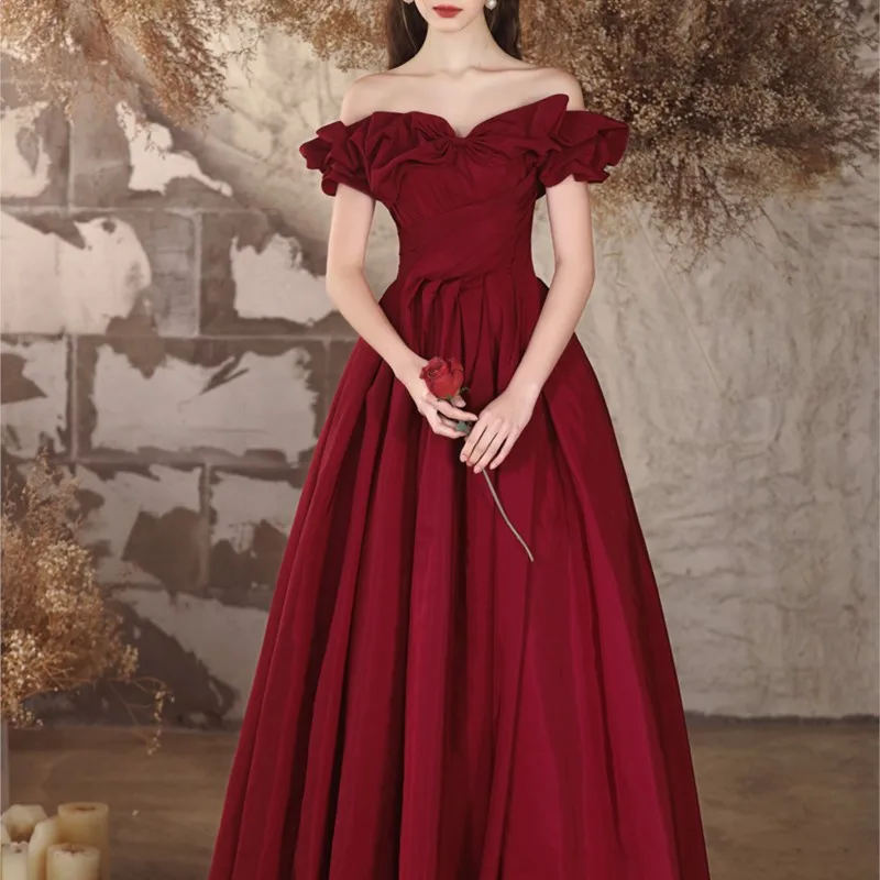 shoulder design sense toasting dress new wine red silk temperament