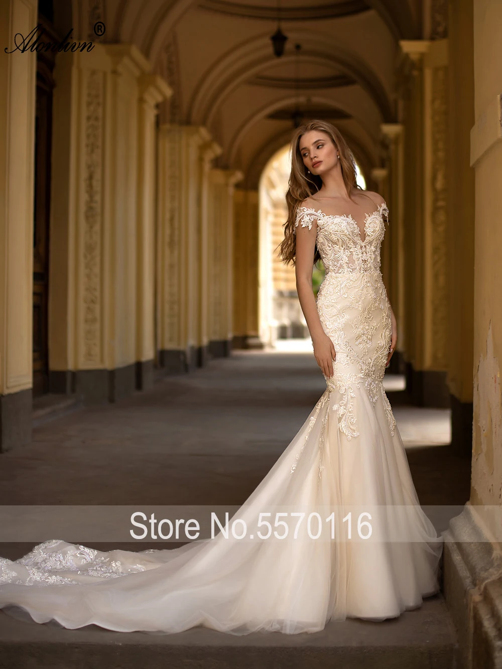 Alonlivn Elegance Illusion Neck Mermaid Wedding Dress With Button Beading Embroidery Lace Beauty Trumpet Bridal Gowns