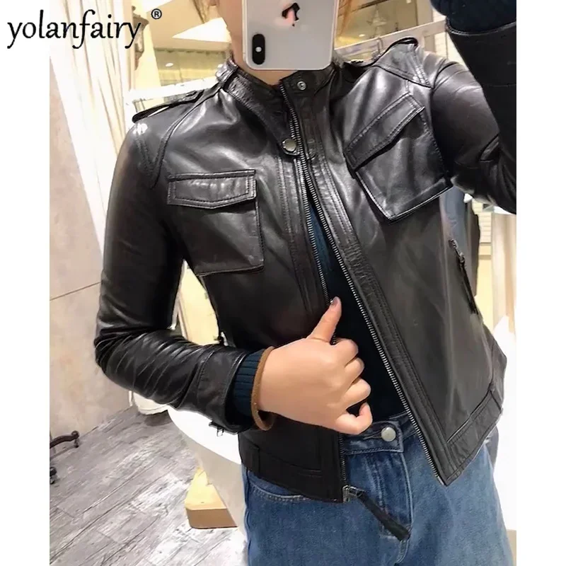 Frühling Echt lederjacke Frauen Mode Echt Schaffell Mantel Motorrad Biker Jacke Frau Schaf Leder Mantel weiblich f