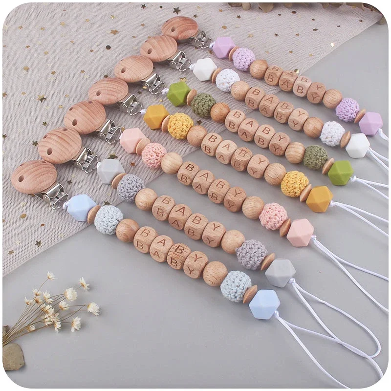 Baby DIY Personalized Name Pacifier Clips Chains Wood Silicone Beads Newborn Dummy Nipple Holder Chain Teething Toys Custom Gift