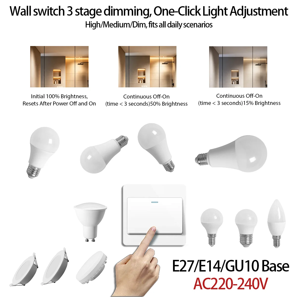 12PCS Three Way Dimmable LED Bulb  100% 50% 15%  Three Brightness Adjustments GX53 E27 E14 GU10 Universal Indoor Home Lighting