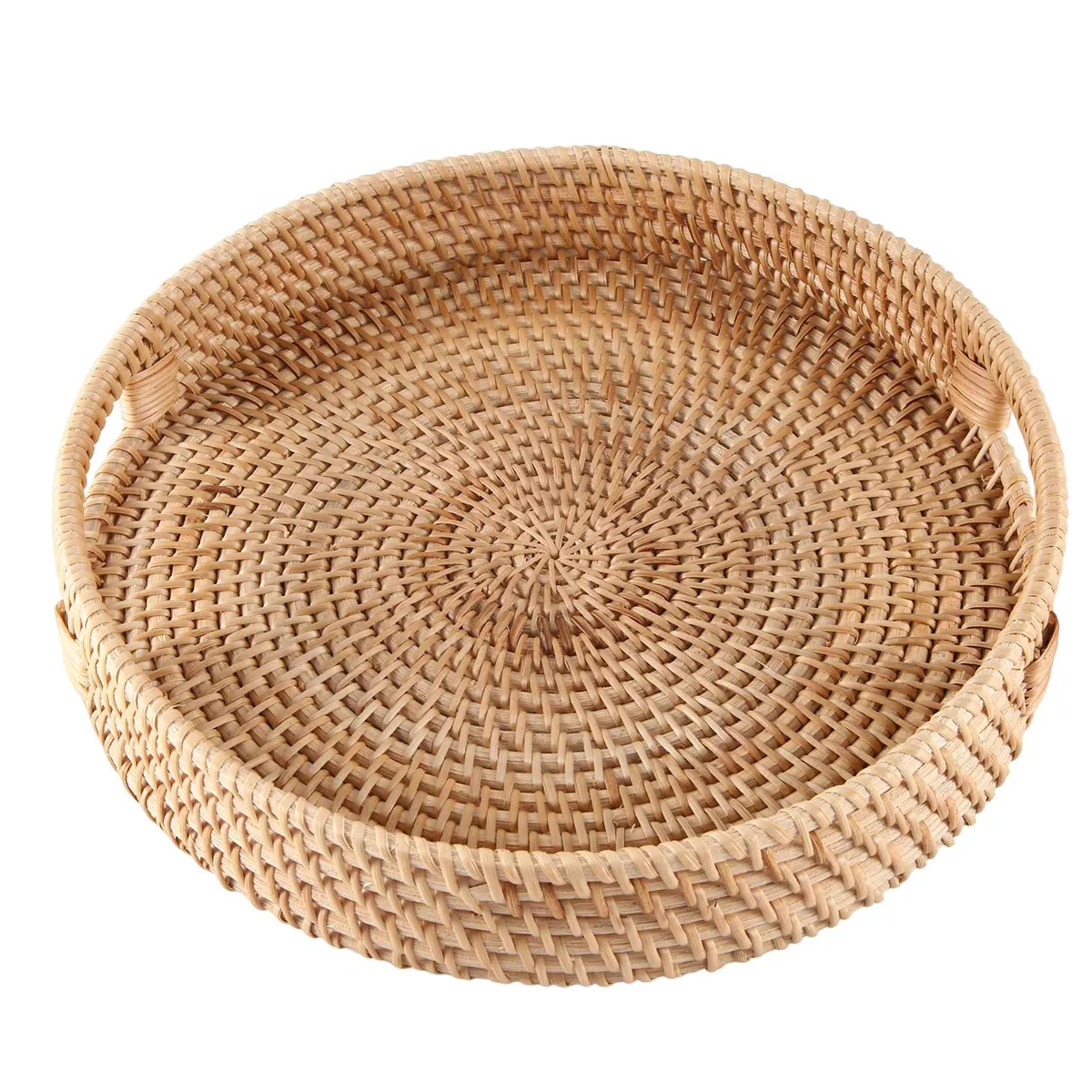 Round Rattan Serving Tray Decorative Woven Ottoman Trays with Handles for Coffee Table Natural(Small)