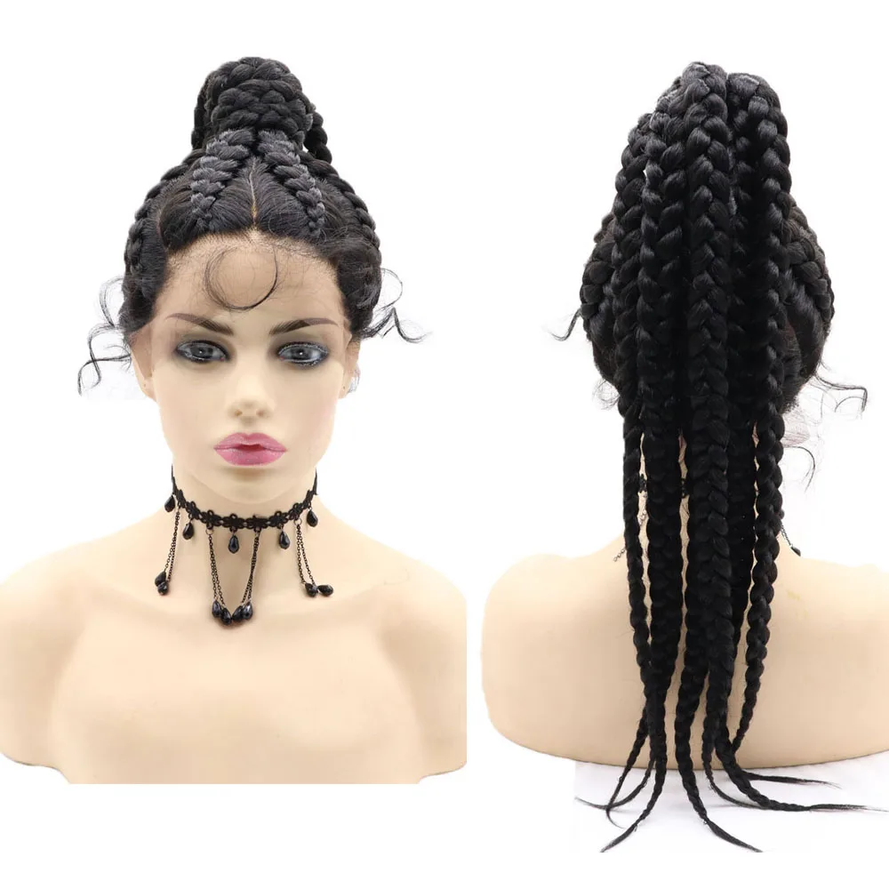 Pontail Braided Wigs with Baby Hair Blonde Brown Gray Mix 5 Box Braid Synthetic Lace Front Wig for Black Women Hand Twisted Wig