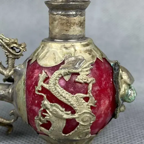 Tibet Silver Inlaid old Jade Handmade Statue Dragon phoenix tiger Smoking Pipe