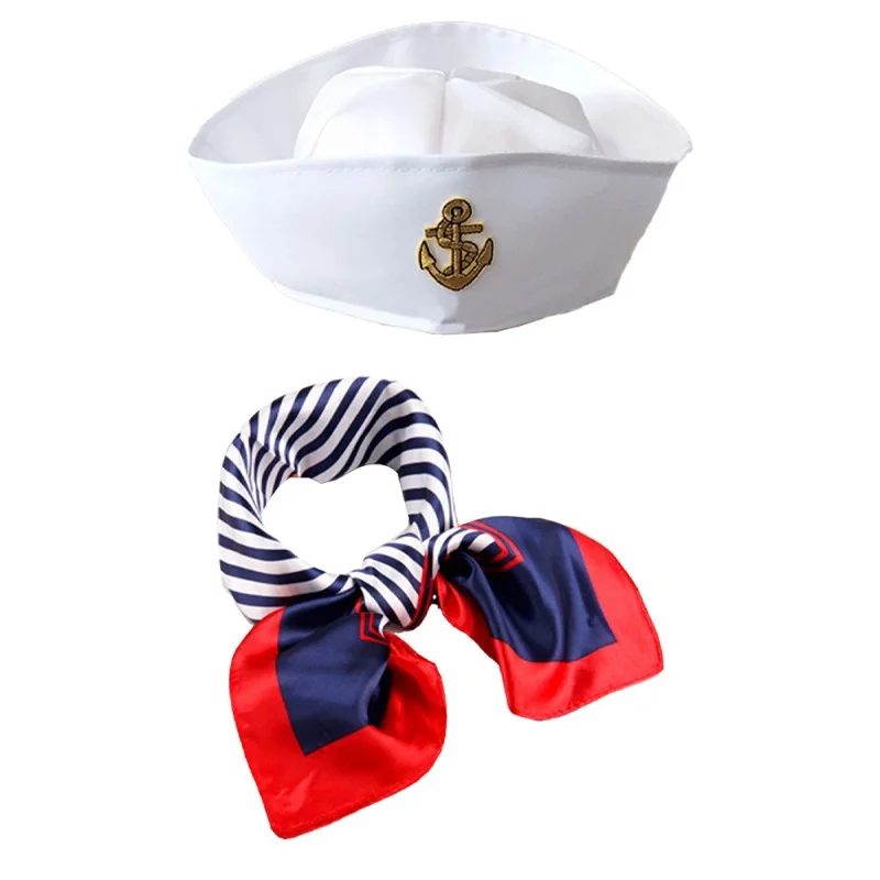 Sailor Cap, Captain Hat, Red Edge, Blue Stripes, Silk-like Scarf, Halloween Party Accessories, Suitable for Party Costumes