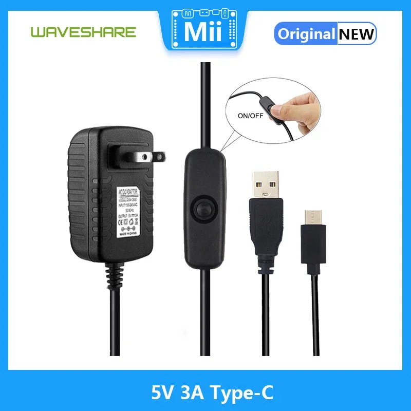 Catu daya Raspberry Pi 5V 3A Tipe-C, Arus besar, stabil dan kuat cocok untuk Raspberry Pi 4/4B/3