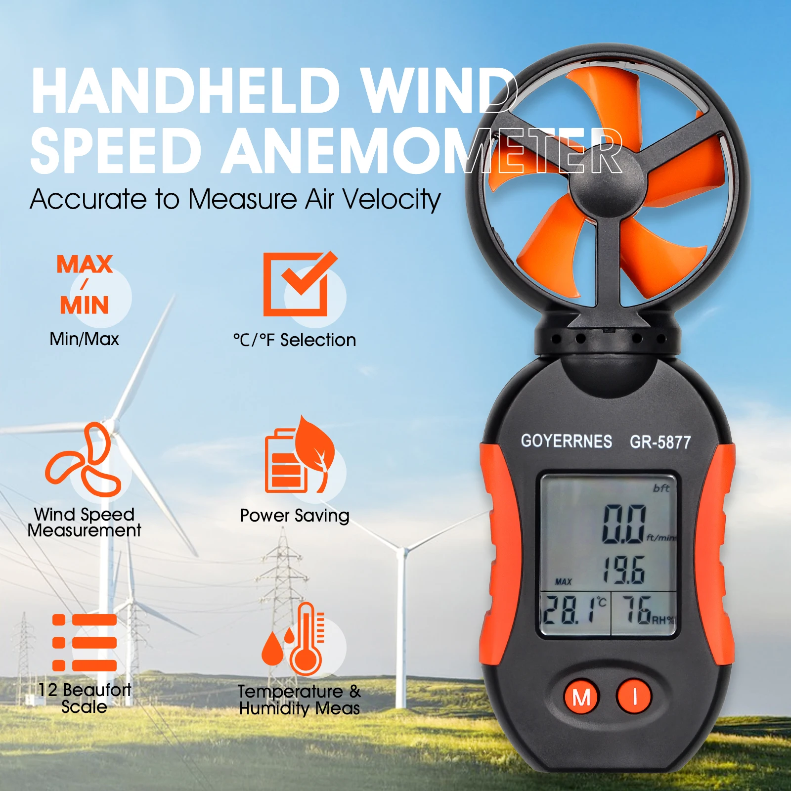 Anemometer Wind Speed/Temp/Humidity Meter 0.3-30m/s, 5 Units, Tripod Mount, 110g Lightweight,  With Tripod Mount Weather