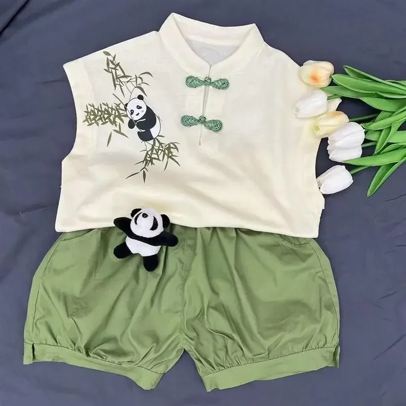 Summer Kawaii Panda Printed Sleeveless Vest Green Shorts Suit Modern Chinese Style Tang Suit Baby Boy Kung Fu TaiChi Uniform