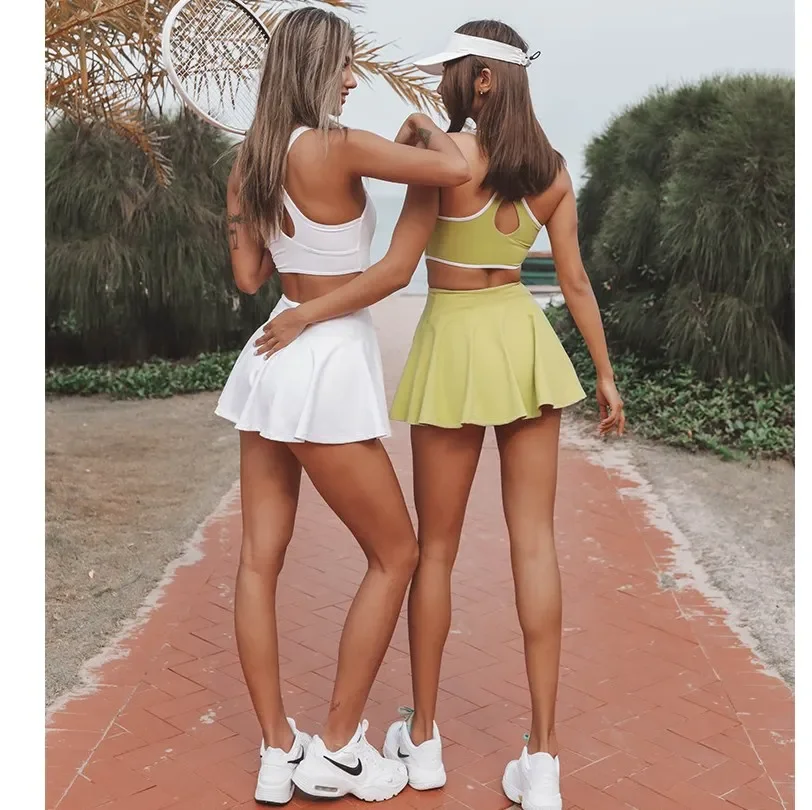 Women Sport Tennis Dress Y-line Straps Beauty Back Golf Skirt Hollow Out Outdoor Running Short Dress Gym Athletic Yoga Clothing