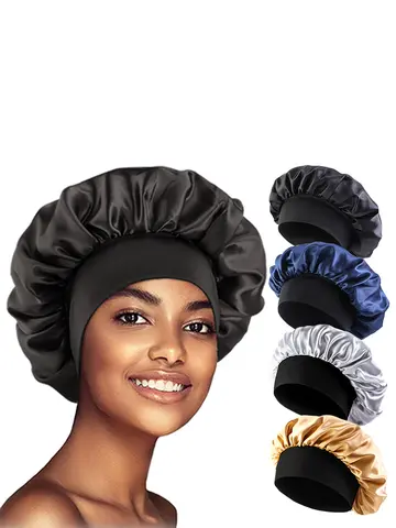 Women's Satin Solid Bonnets Wide-brimmed Night Sleeping Bathing Hat Unisex Head Wrap Elastic Band Cap Hair Care Bonnet