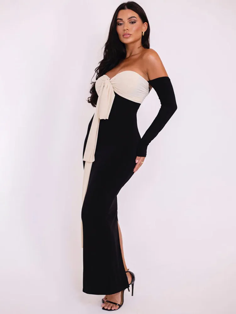 Mozision Patchwork Off-shoulder Sexy Maxi Dress For Women Gown Contrast Color Strapless Long Sleeve Bodycon Sexy Long Dress