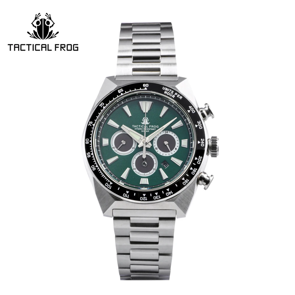 Tactical Frog 43mm Men\'s Timing Watch VS75 Solar Quartz Movement Sapphire C3 Luminous Stainless Steel Chronograph Watches
