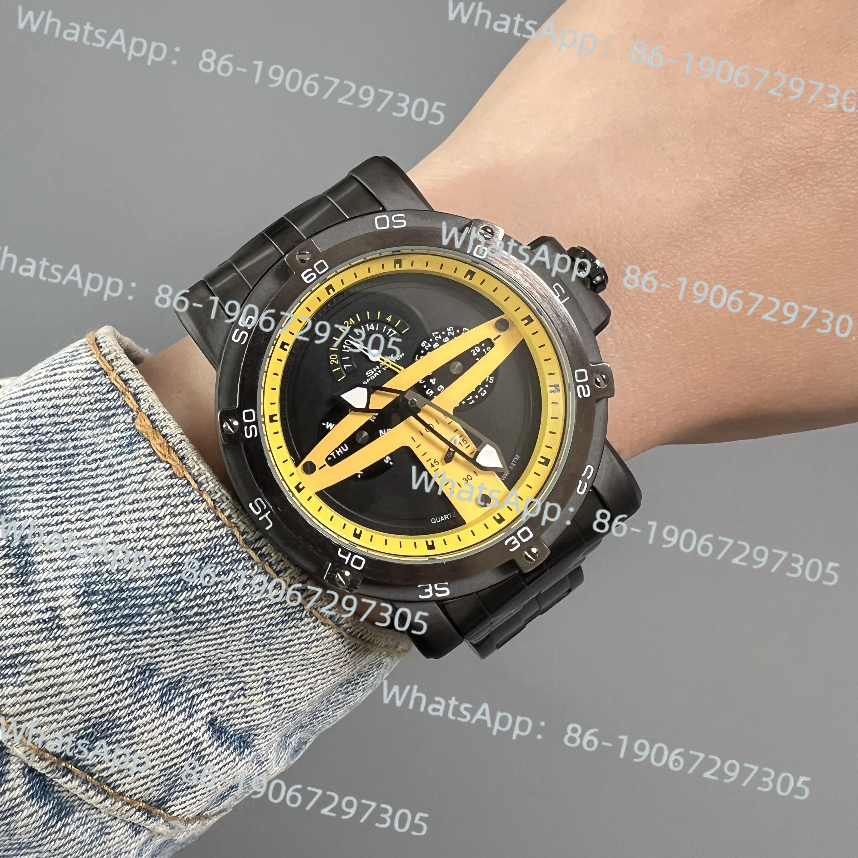 

Многофункциональные модные черные стальные крутые кварцевые мужские часы Trend