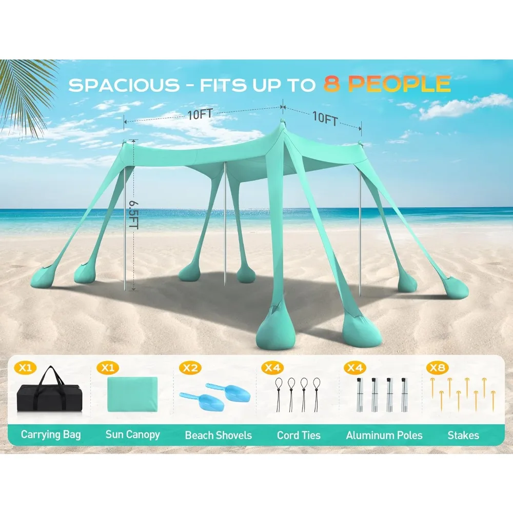 Tragbares Strandzelt mit über 50 UPF-UV-Schutz, 10 x 10 Fuß Sonnenschutz, inklusive 8 Sandsäcken, Schaufeln und Erdnägeln