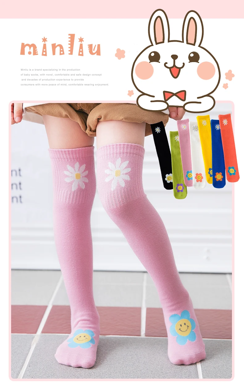 Frühling Baby Mädchen über Knies trümpfe niedlichen großen Lächeln lange Socken Kinder Mode Buchstaben Gänseblümchen Blumen Kind Säugling Mode Socken – Detail 1